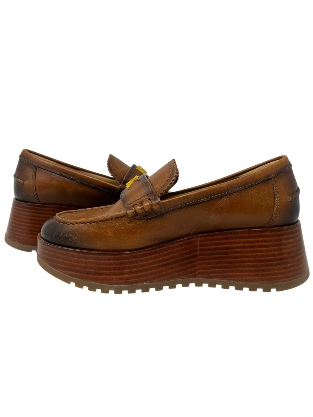 Michael Kors Brown Leather Platform Loafers with Gold MK Accent